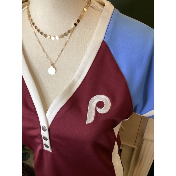 Majestic Phillies Jersey Womens Large Maroon Blue Cooperstown MLB - Picture 2 of 7